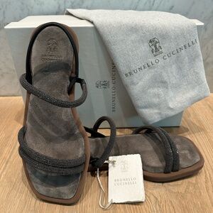 Brunello Cucinelli Monili Black Leather and Suede Women’s Sandals